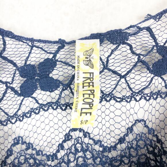 Free People Easy Breezy Jersey Lace Back Tee Smal Navy Blue Long Sleeve - Picture 5 of 13